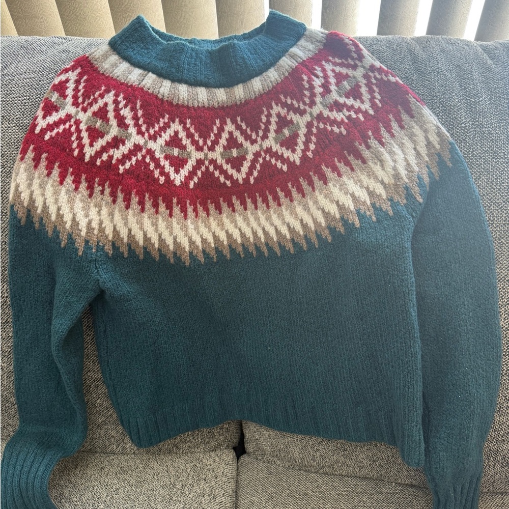 American Eagle Outfitters Teal Sweater with Red and Cream Pattern